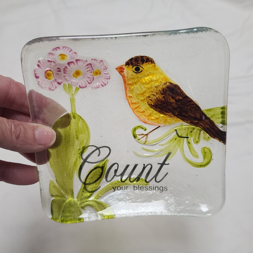 Decorative Glass Trinket Bowl Platter with Bird and Flowers, Count Your Blessing
